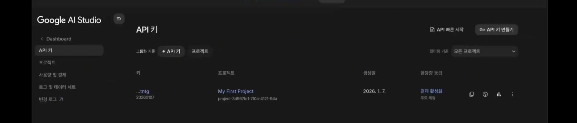 API 키 생성 완료 및 리스트 화면